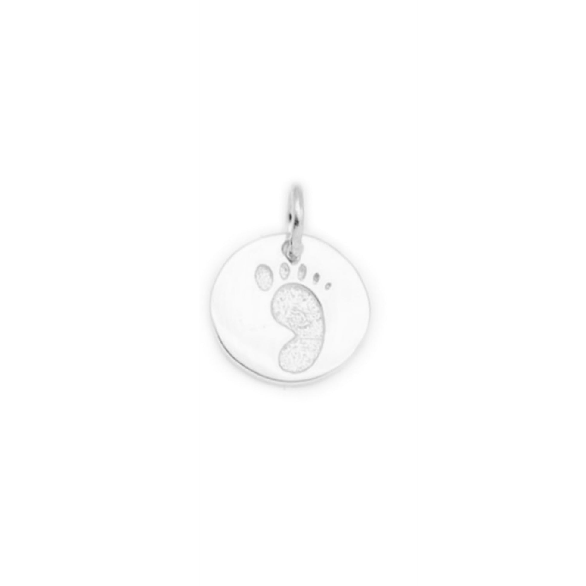 Round gold footprint charm pendant with bail loop, isolated