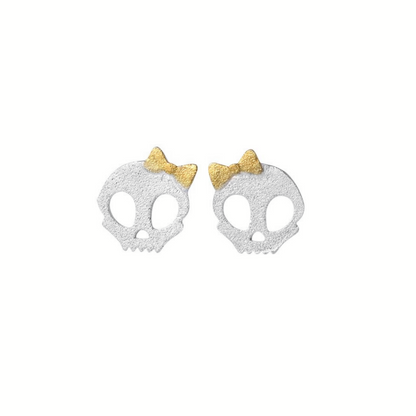Sterling Silver Matte Skull with Bow Stud Earrings