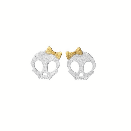 Sterling Silver Matte Skull with Bow Stud Earrings