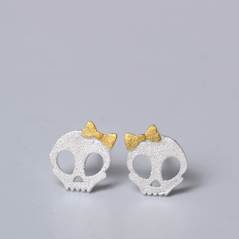 Sterling Silver Matte Skull with Bow Stud Earrings