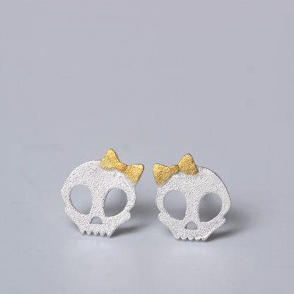 Sterling Silver Matte Skull with Bow Stud Earrings