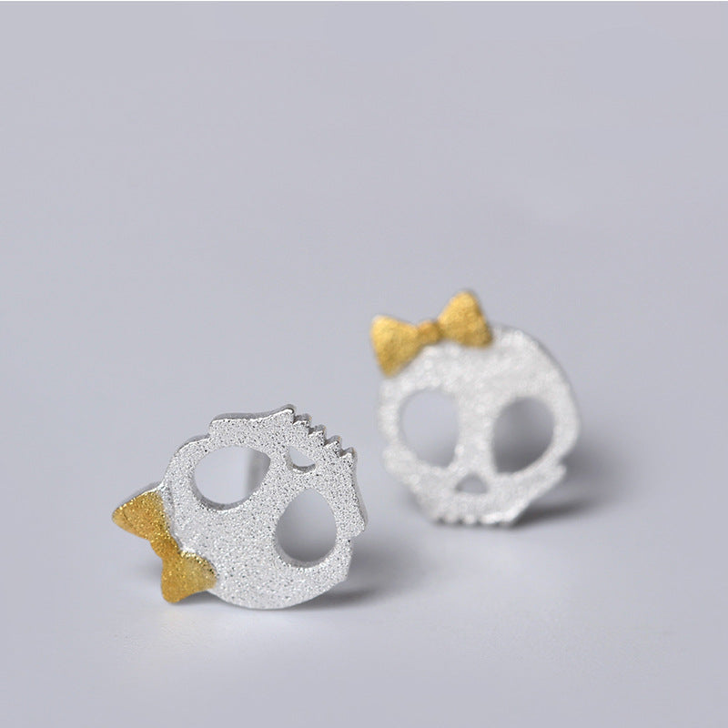 Sterling Silver Matte Skull with Bow Stud Earrings