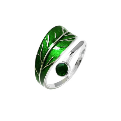 Sterling Silver Glazed Green Blue Tree Leaf Dot Wrap Open Band Ring