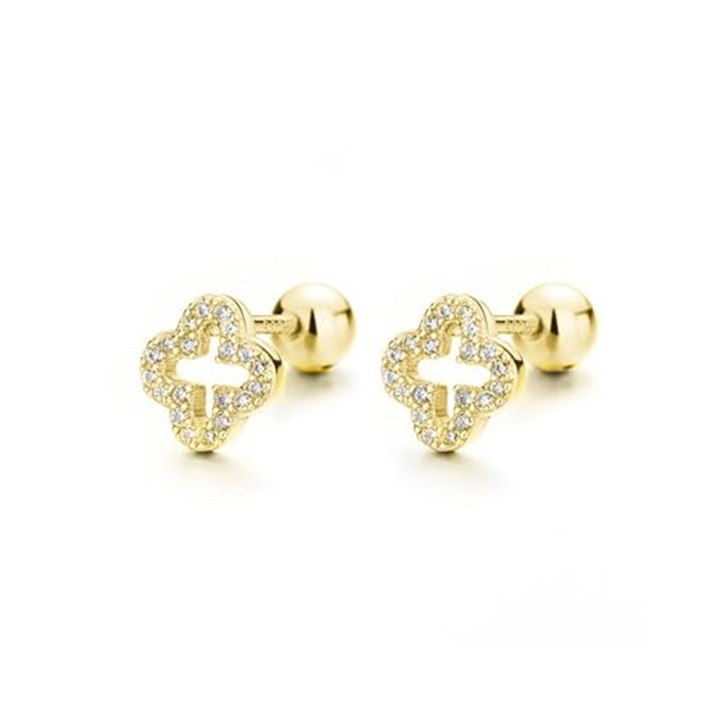 925 Sterling Silver 4 Leaf Clover Pave CZ Bead Ball Screw Back Stud Earrings