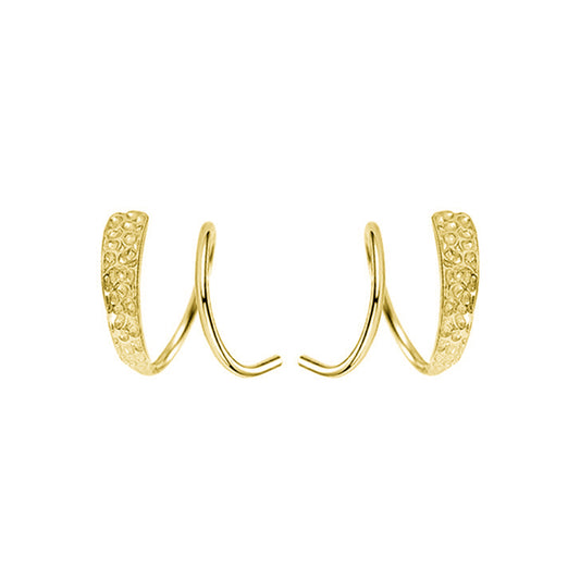 Gold on Sterling Silver Hammered Twirl Wire Huggie Faux 2 Piercings Earrings - sugarkittenlondon