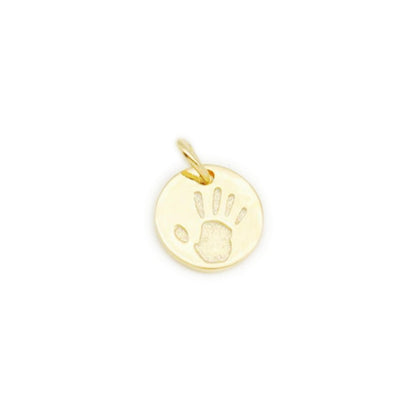 Round gold handprint charm pendant with bail loop, isolated