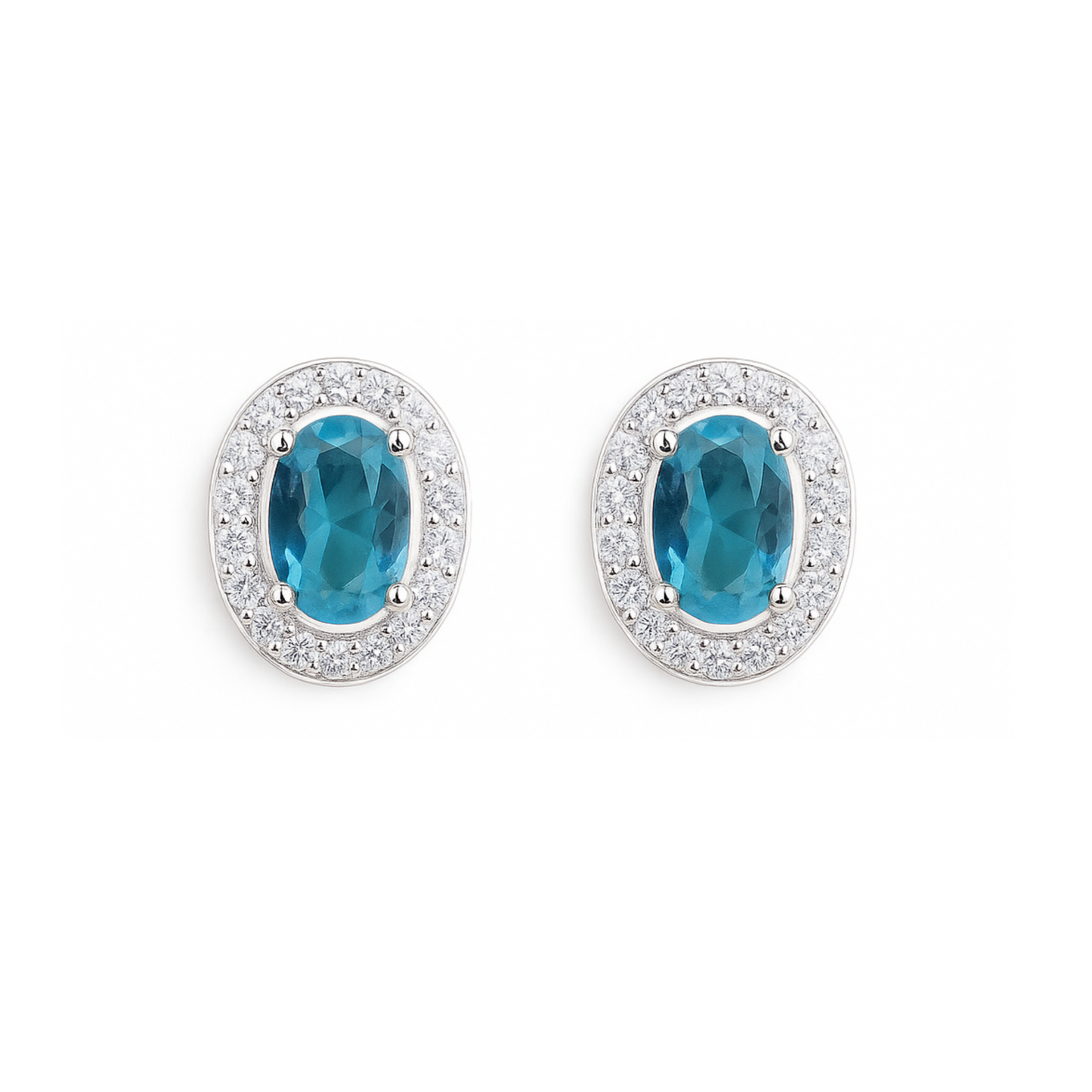 Sterling Silver Halo Stud Earrings Light Blue Aquamarine / Sapphire Blue / Ruby Red / Clear CZ 4mm x 6mm Main Stone