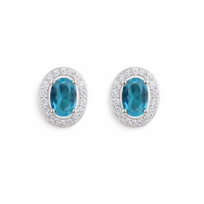 Sterling Silver Halo Stud Earrings Light Blue Aquamarine / Sapphire Blue / Ruby Red / Clear CZ 4mm x 6mm Main Stone