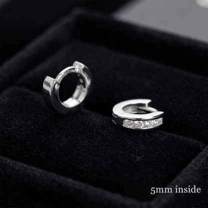 Rhodium Channel Huggie Hoops with front clear stone bar and hinge