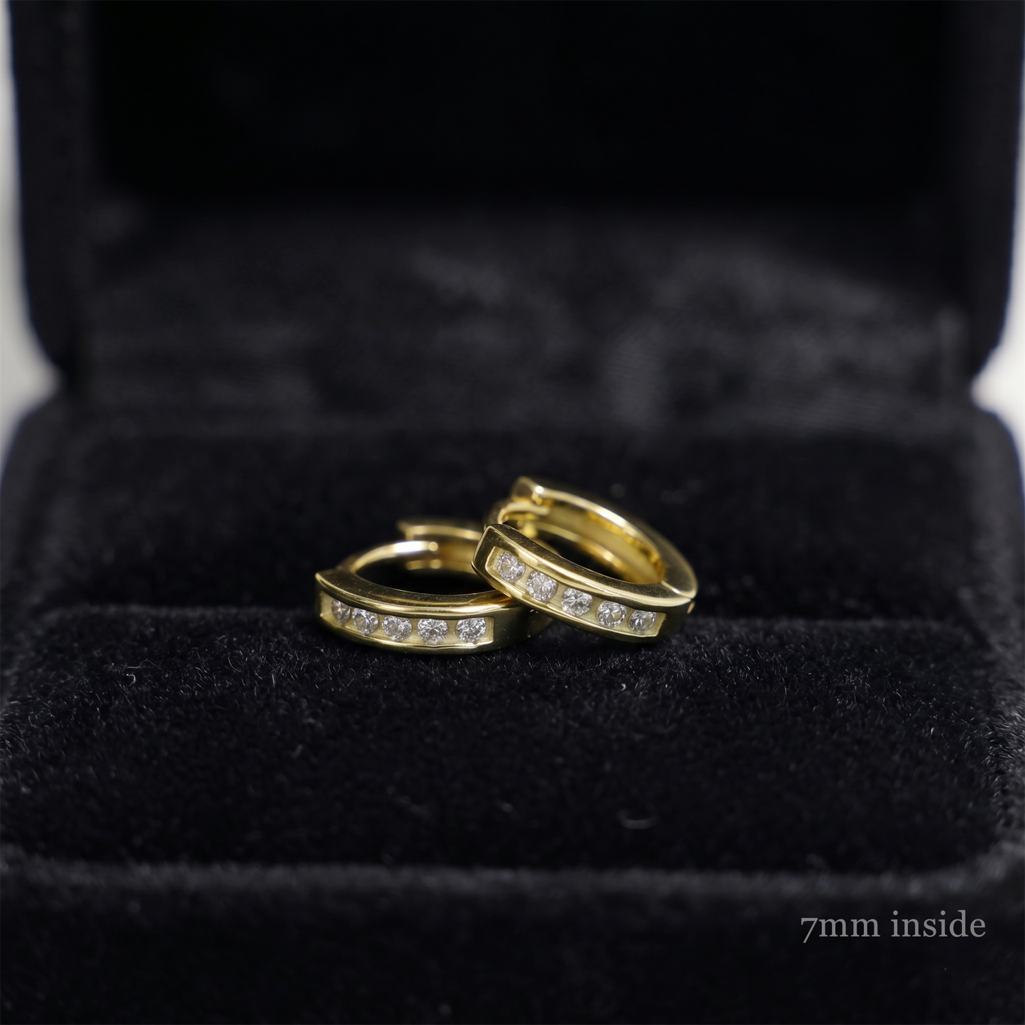 Channel Huggie Hoop earrings, gold tone with clear stones; 7mm inside angle