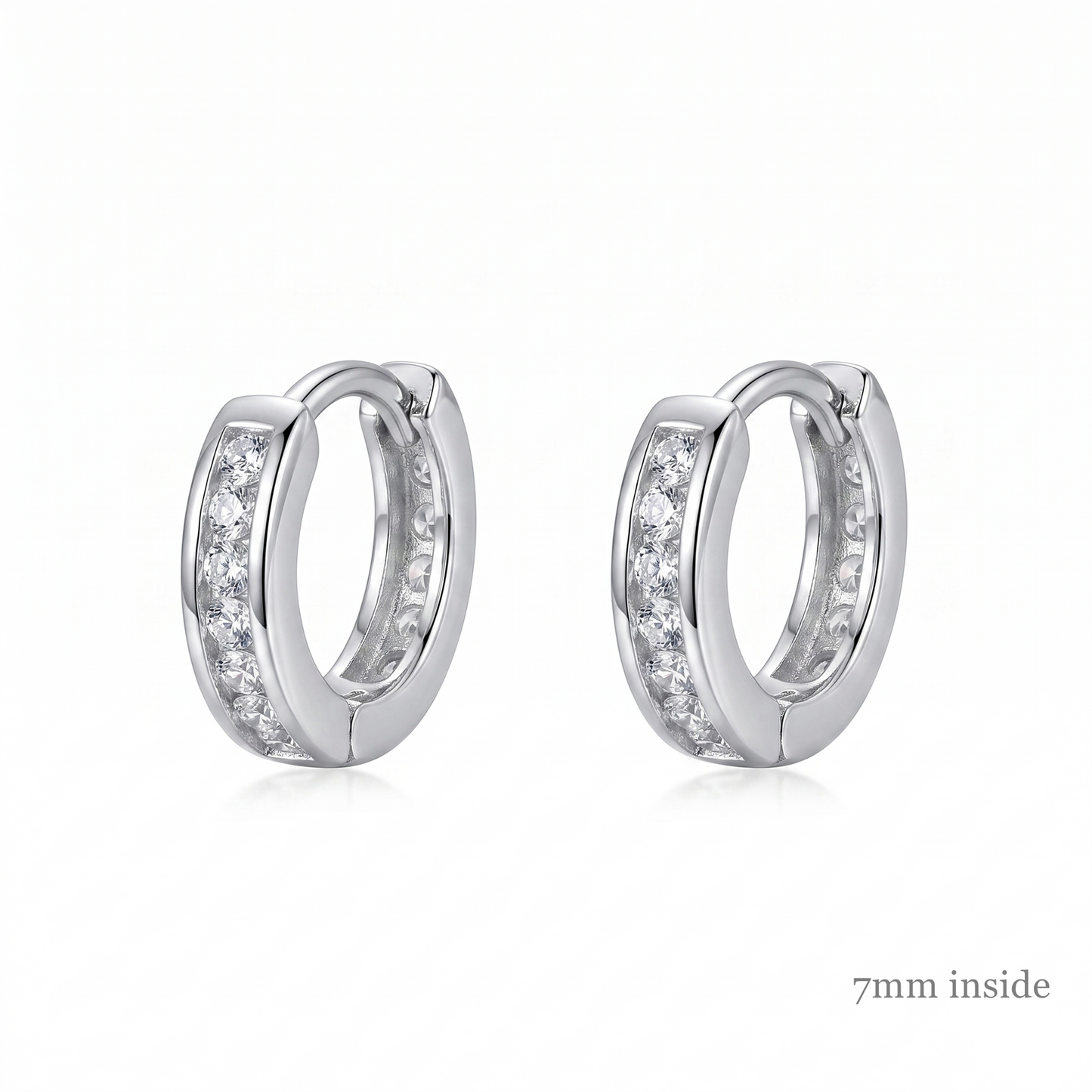 Channel Huggie Hoop earrings, rhodium/silver tone with clear stones; 7mm inside