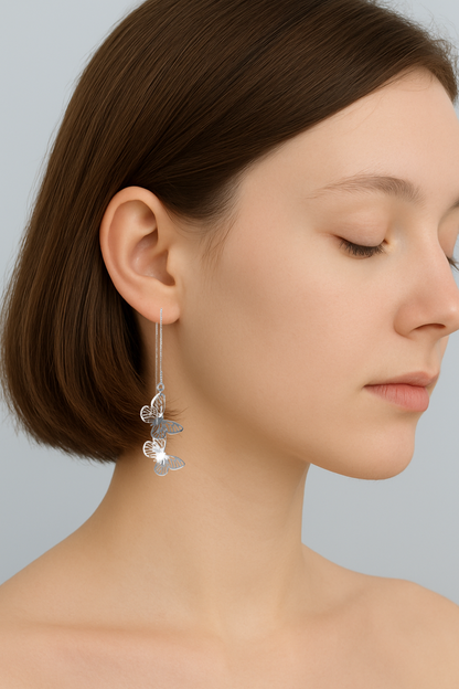 Sterling Silver Butterfly Light Dangle Drop Pull Through Threader Earrings