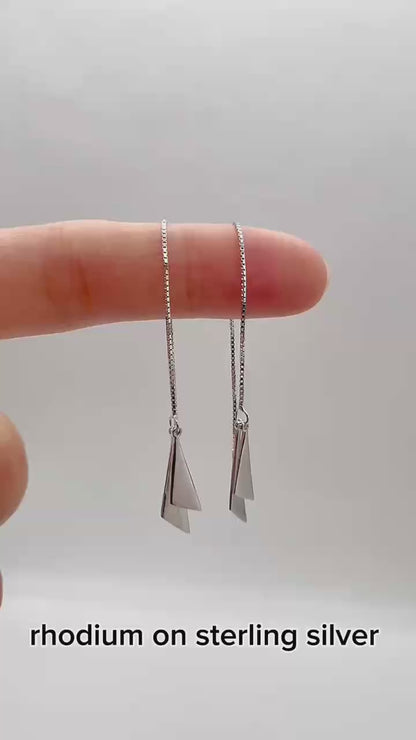 Rhodium on Sterling Silver Double Triangle Shiny Drop Threader Earrings