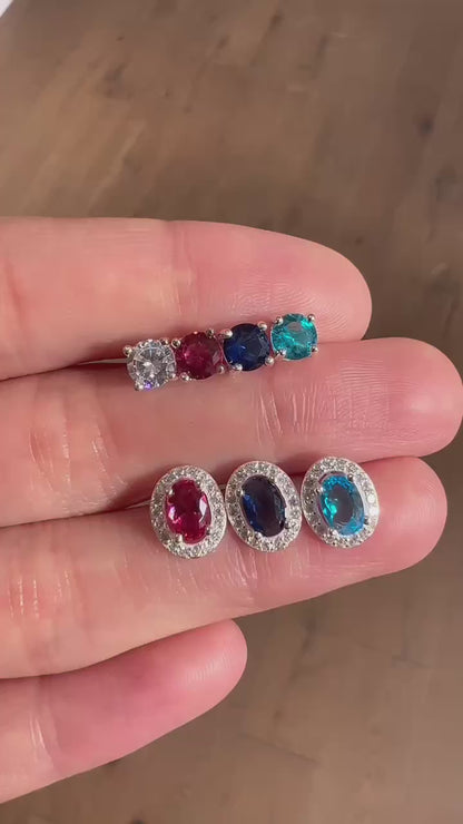 Sterling Silver 4 Claw Round 5mm CZ Stud Earrings 4 Stone Colours Sky Blue/Blue/Ruby/Clear