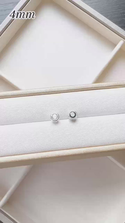 925 Sterling Silver CZ Stud Earrings with Round Bezel Setting in Clear or Black