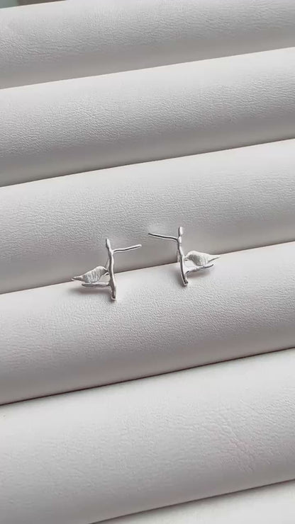 Sterling Silver Shiny Brushed Bird On A Polished Branch Stud Earrings