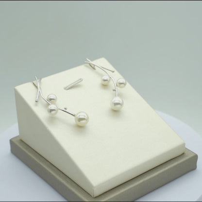Sterling Silver Seashell Pearl Long Drop Mistletoe Branch Post Earrings