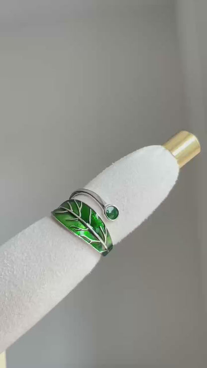 Sterling Silver Glazed Green Blue Tree Leaf Dot Wrap Open Band Ring