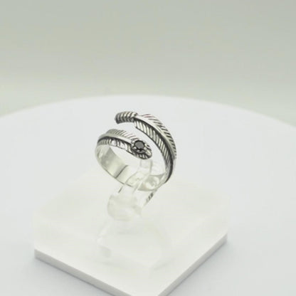 Sterling Silver Oxidized Black CZ Feather Angel Wing Wrap Ring Unisex