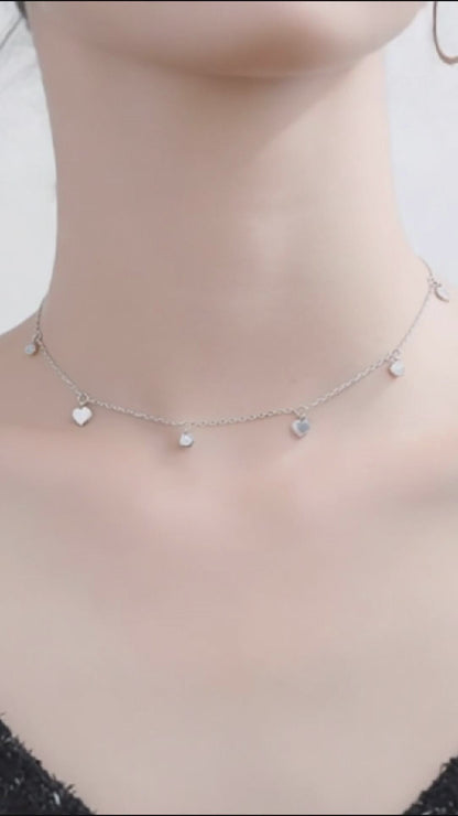 Minimalist Sterling Silver Love Heart CZ Drip Choker Necklace with Rhodium Finish