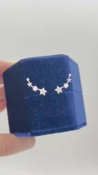 Sterling Silver Linked Star Climber Stud Earrings with Clear Pave CZ 16mm