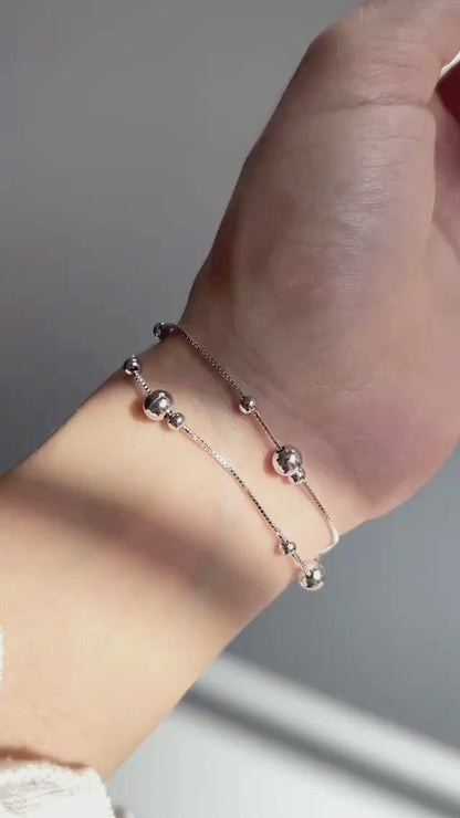 Rhodium on Sterling Silver 3mm 5mm Ball Beads Double Layer Box Chain Bracelet