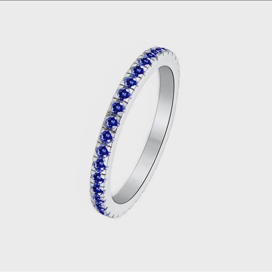 SKL Sterling Silver Full Eternity 2mm Paved CZ Blue Sapphire Stacking Band Ring