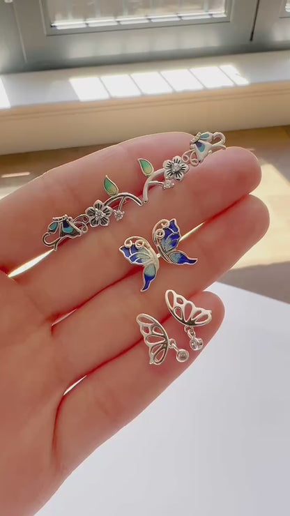 925 Sterling Silver Butterfly Wing Earrings with Blue Enamel for Butterfly lovers