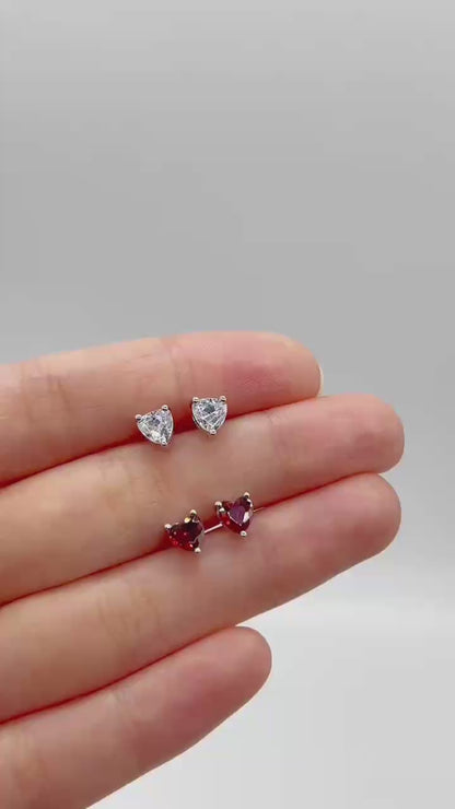 Sterling Silver Red Garnet Cut CZ Heart Shaped Stud Earrings Jewellery