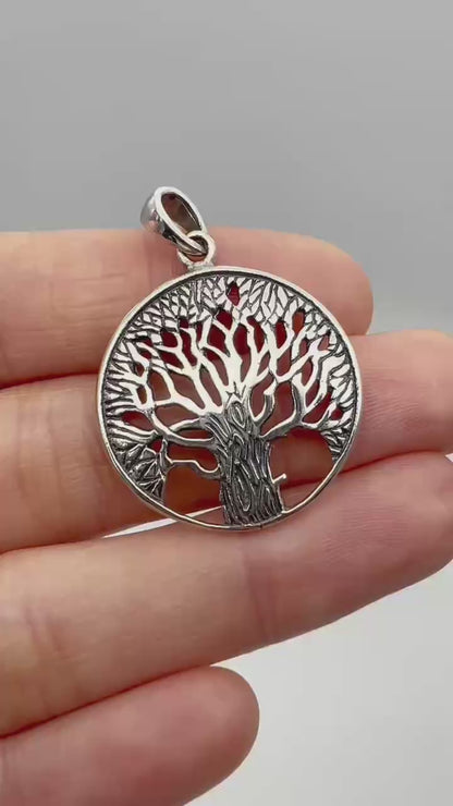 Sterling Silver Oxidized Filigree Tree Of Life Circle Disc Dome Pendant 25mm