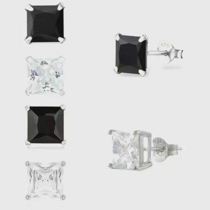 Sterling Silver Princess Cut Square CZ Unsiex Stud Earrings in Black and White, 2.5-10mm
