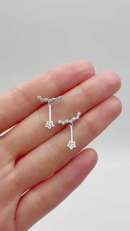 Sterling Silver Star Curve Line CZ Drop Jacket Hug Two Way Earrings