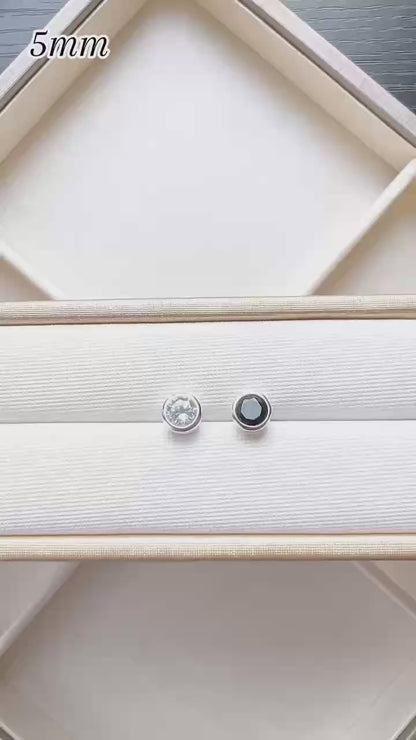 925 Sterling Silver CZ Stud Earrings with Round Bezel Setting in Clear or Black