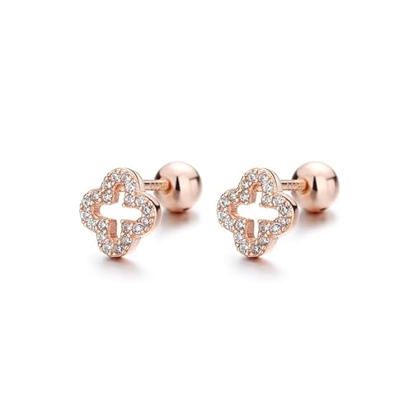 925 Sterling Silver 4 Leaf Clover Pave CZ Bead Ball Screw Back Stud Earrings