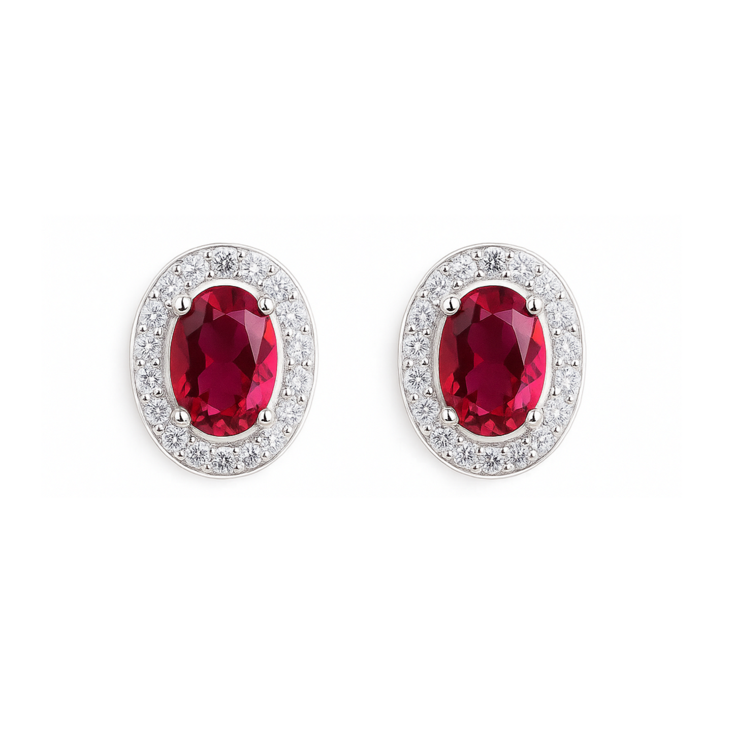 Sterling Silver Halo Stud Earrings Light Blue Aquamarine / Sapphire Blue / Ruby Red / Clear CZ 4mm x 6mm Main Stone