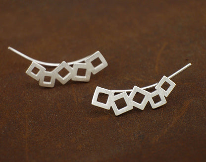 Sterling Silver Geometry Cube Square Curved Climber Crawler Earrings 2 Tones - sugarkittenlondon