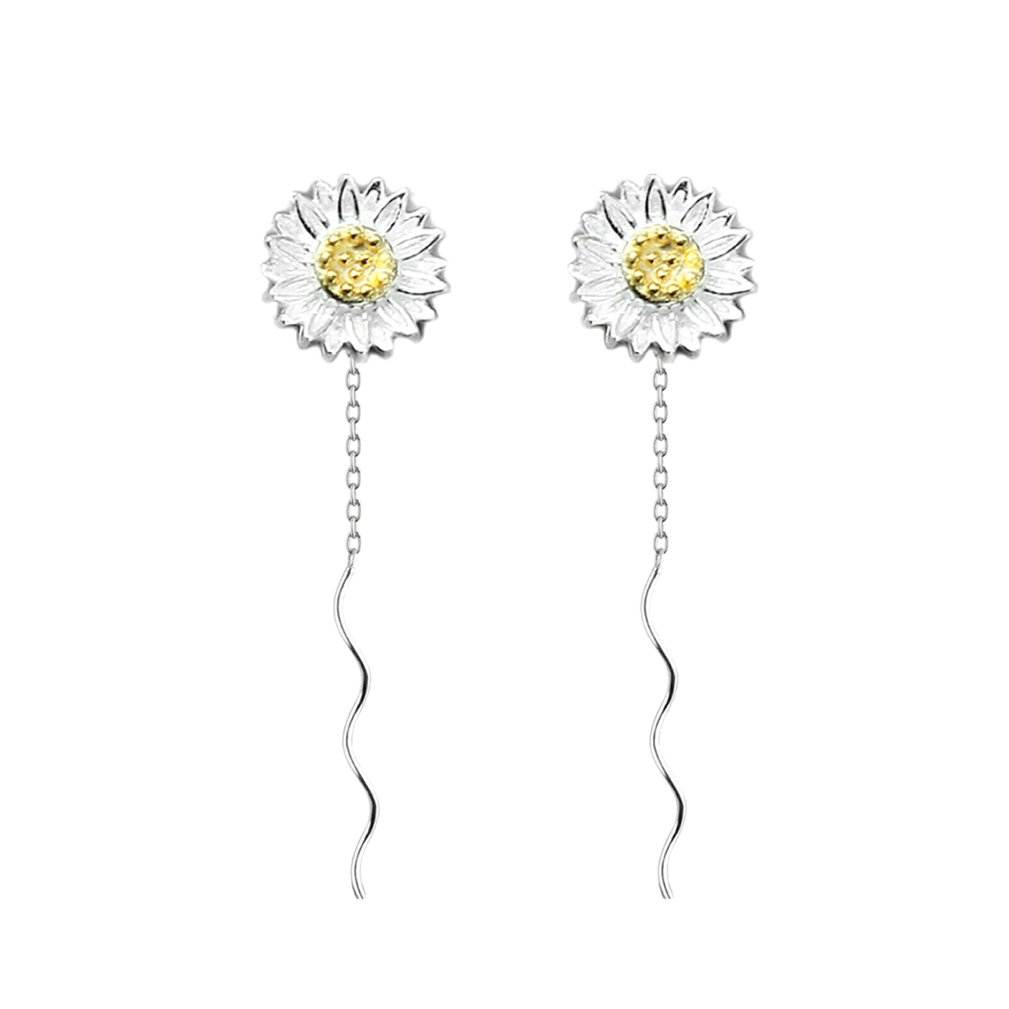 Sunflower threader earrings: silver flower with yellow center, wavy long drop