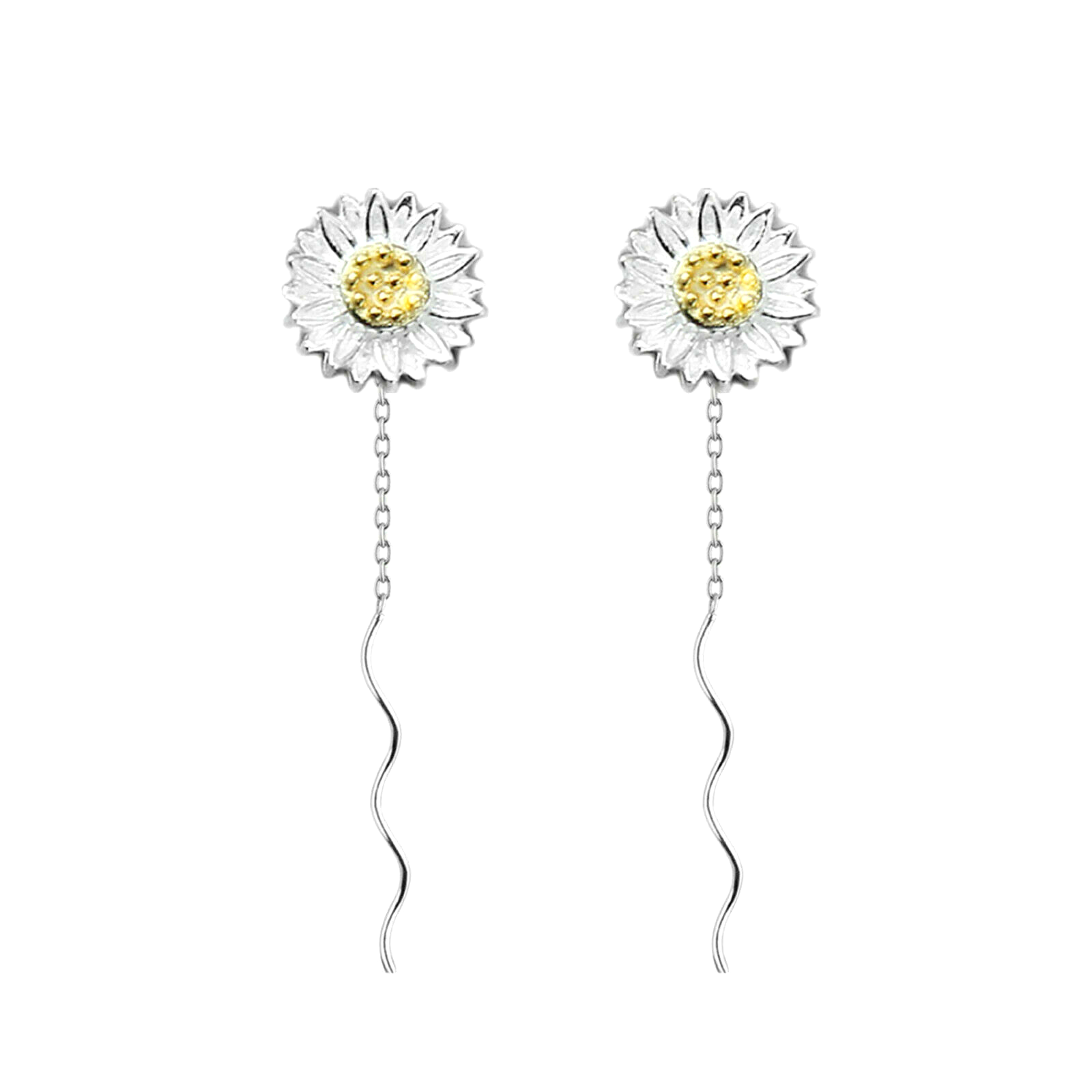 Sunflower threader earrings: silver flower with yellow center, wavy long drop