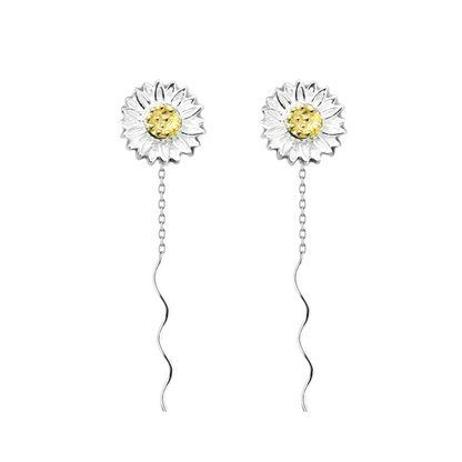 Sunflower threader earrings: silver flower with yellow center, wavy long drop
