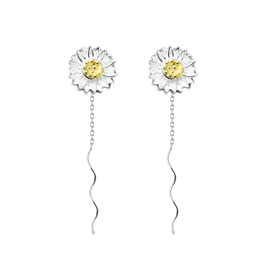 Sterling Silver Sun Flower Pull Through Wave Threader Dangle Earrings
