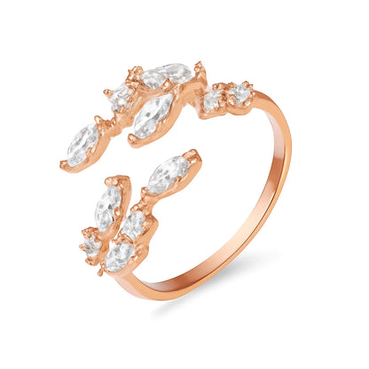 Sterling Silver CZ Leaf Branch Ring Rhodium Rose Gold