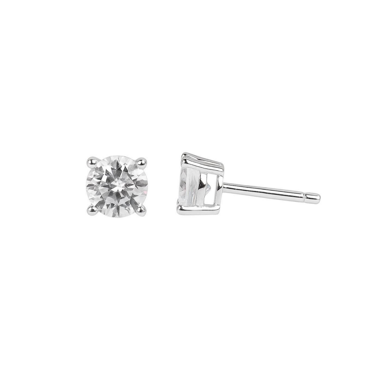 Round CZ solitaire stud earrings with clear round stones in silver-tone settings