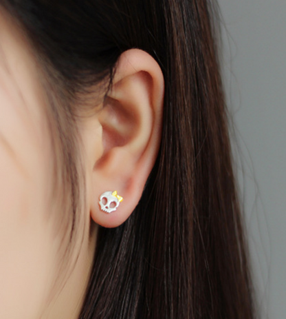 Sterling Silver Matte Skull with Bow Stud Earrings