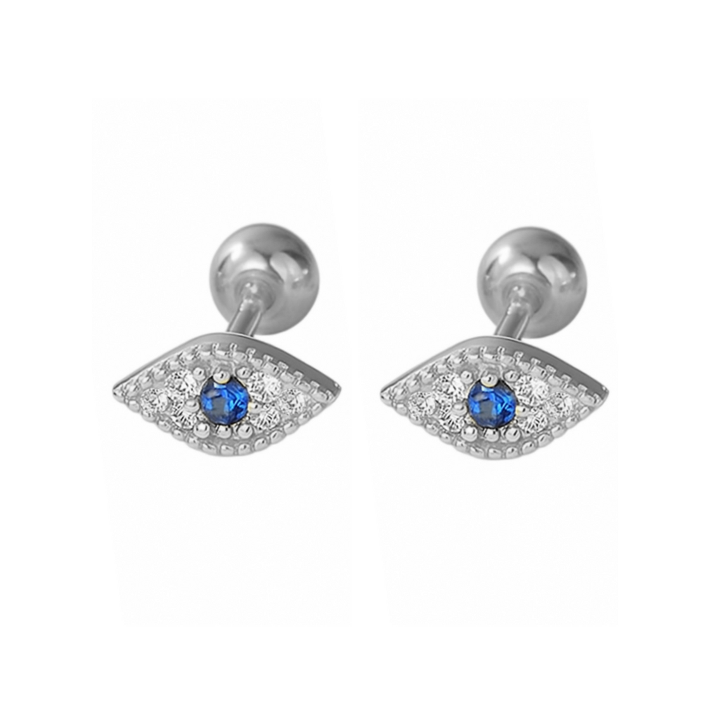 Sterling Silver Evil Eye Pendant with Blue and White CZ Barbell Bead Ball Screw Back Earringss