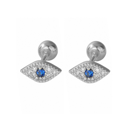 Sterling Silver Evil Eye Pendant with Blue and White CZ Barbell Bead Ball Screw Back Earringss