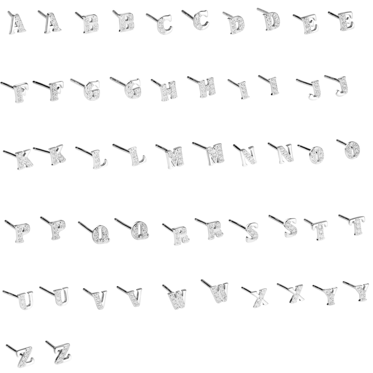 Mini CZ paved initial studs, silver-tone—multiple letters shown in a row