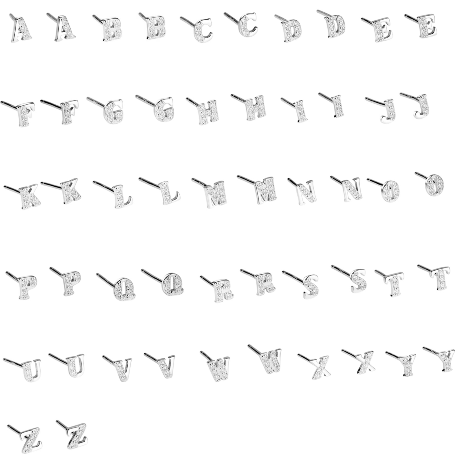 Mini CZ paved initial studs, silver-tone—multiple letters shown in a row