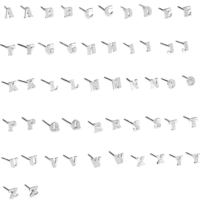 Mini CZ paved initial studs, silver-tone—multiple letters shown in a row