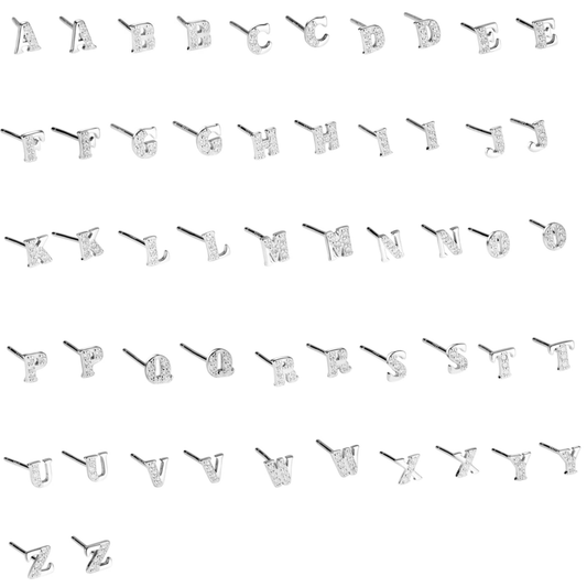 Mini CZ paved initial studs, silver-tone—multiple letters shown in a row