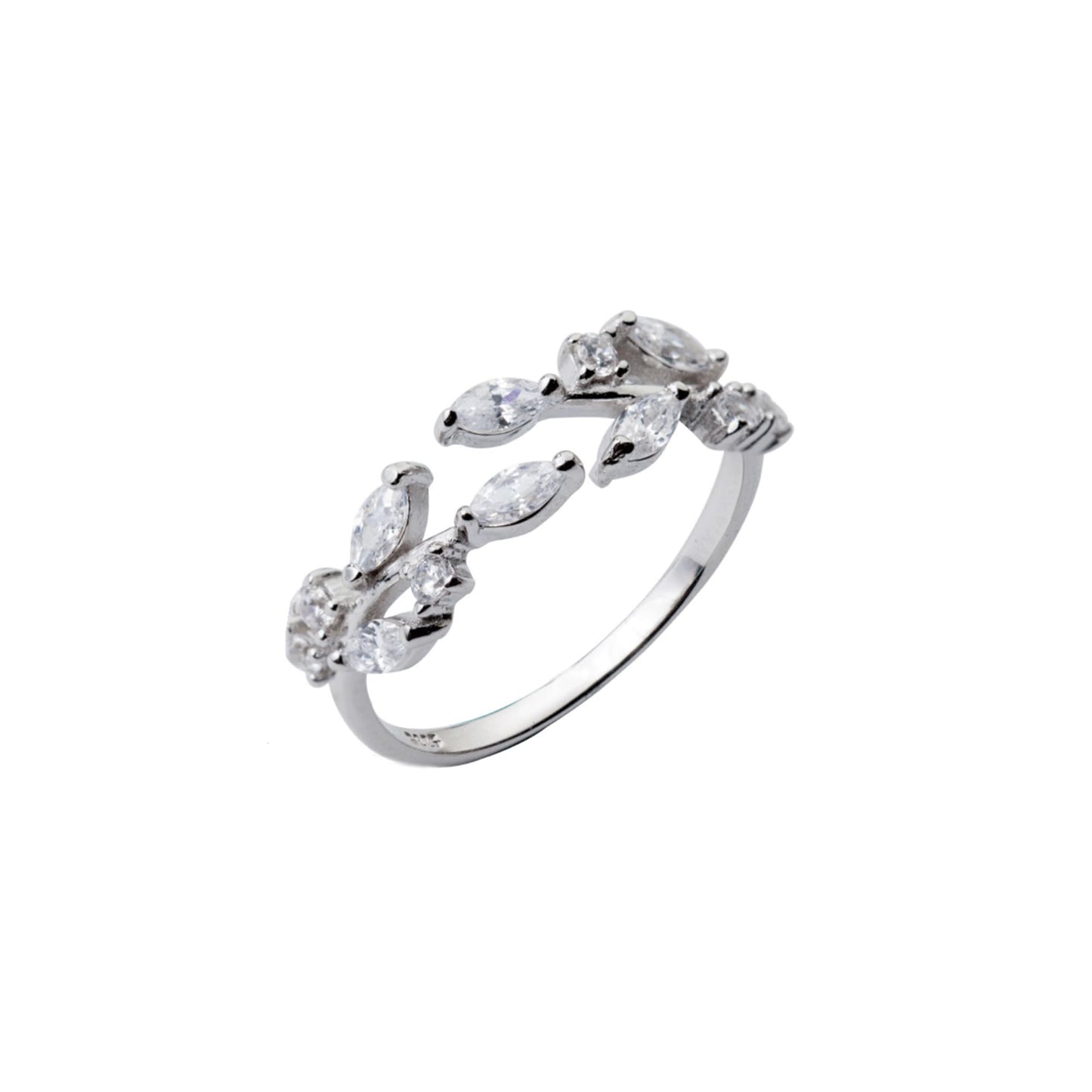 Sterling Silver CZ Leaf Branch Ring Rhodium Rose Gold